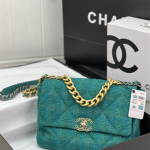 Large Chanel 19 Bag Tweed Gold Tone Green AS1161
