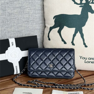 Chanel Wallet On Chain Lambskin Silver Tone Metal Navy AP0250