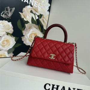 Chanel Small Coco Handle Bag Grained Calfskin Lt Gold Metal Red A92990