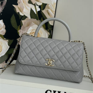 Chanel Large Coco Handle Bag Grained Calfskin Lt Gold Metal Grey A92991