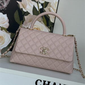 Chanel Large Coco Handle Bag Grained Calfskin Lt Gold Metal Pink A92991