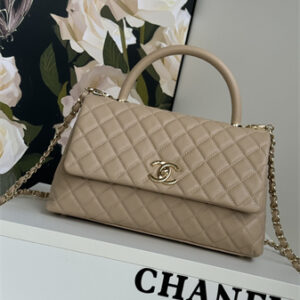 Chanel Large Coco Handle Bag Grained Calfskin Lt Gold Metal Beige A92991