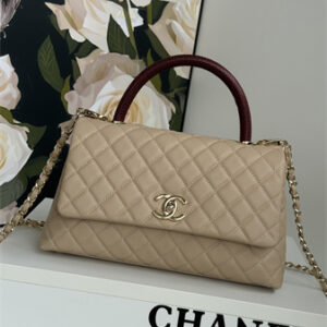 Chanel Large Coco Handle Bag Grained Calfskin Lt Gold Metal Beige A92991