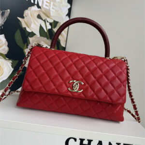 Chanel Large Coco Handle Bag Grained Calfskin Lt Gold Metal Red A92991