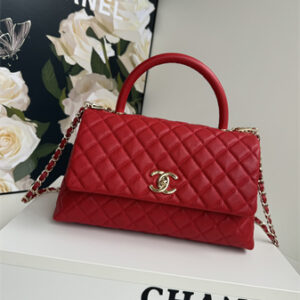Chanel Large Coco Handle Bag Grained Calfskin Lt Gold Metal Red A92991