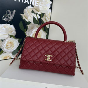 Chanel Large Coco Handle Bag Grained Calfskin Lt Gold Metal Burgundy A92991