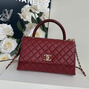 Chanel Large Coco Handle Bag Grained Calfskin Lt Gold Metal Burgundy A92991