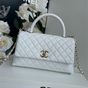 Chanel Large Coco Handle Bag Grained Calfskin Lt Gold Metal White A92991