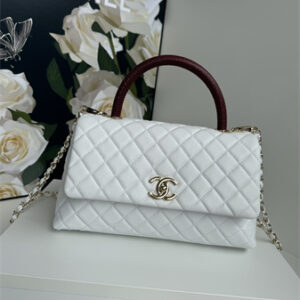 Chanel Large Coco Handle Bag Grained Calfskin Lt Gold Metal White A92991
