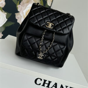 Chanel Duma Backpack  Calfskin Gold Tone Metal Black AS3618