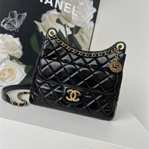 Chanel Hobo Handbag Shiny Crumpled Calfskin Gold Tone Metal Black AS4322