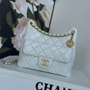 Chanel Hobo Handbag Shiny Crumpled  Calfskin Gold Tone Metal White AS4322