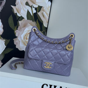 Chanel Hobo Handbag Shiny Crumpled  Calfskin Gold Tone Metal Lt Pruple AS4322