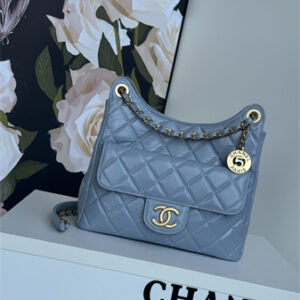 Chanel Hobo Handbag Shiny Crumpled  Calfskin Gold Tone Metal Blue AS4322