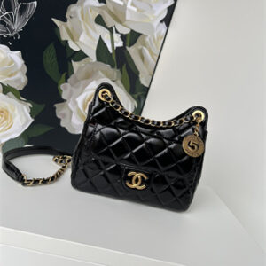 Chanel Small Hobo Handbag Shiny Crumpled Calfskin Gold Tone Metal Black AS4323
