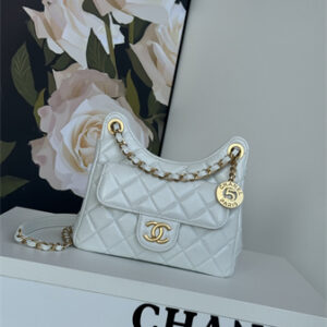 Chanel Small Hobo Handbag Shiny Crumpled  Calfskin Gold Tone Metal White AS4323