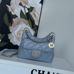 Chanel Small Hobo Handbag Shiny Crumpled  Calfskin Gold Tone Metal Blue AS4323