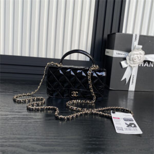 Chanel FLAP PHONE HOLDER WITH CHAIN Patent Calfskin Gold-Tone Metal Black AP3226