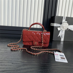 Chanel FLAP PHONE HOLDER WITH CHAIN Patent Calfskin Gold-Tone Metal Red AP3226