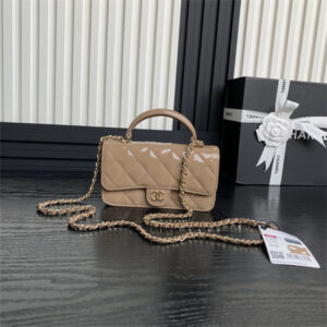 Chanel FLAP PHONE HOLDER WITH CHAIN Patent Calfskin Gold-Tone Metal Beige AP3226