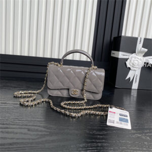 Chanel FLAP PHONE HOLDER WITH CHAIN Patent Calfskin Gold-Tone Metal Grey AP3226