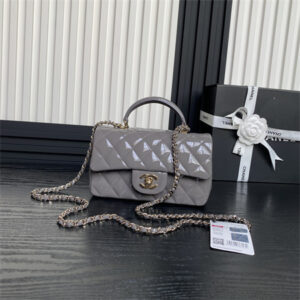 Chanel Mini Flap Bag With Top Handle Patent Calfskin Gold Tone Metal Grey AS2431