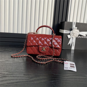 Chanel Mini Flap Bag With Top Handle Patent Calfskin Gold Tone Metal Red AS2431