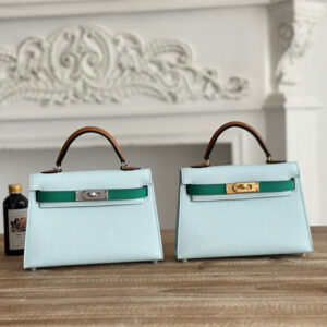 Hermes Kelly Mini II Bag Epsom Leather Blue Brume/Vert Jade/Gold HS