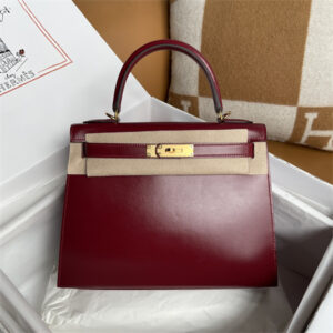 Kelly Sellier Bag Box Leather 25/28CM Gold/Silver Hardware Burgundy HS Customized