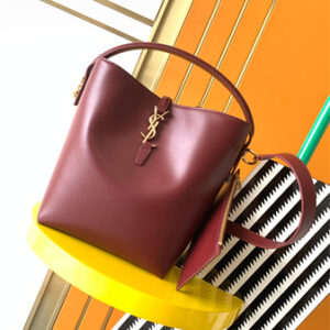 Y.S.L LE 37 In Shiny Leather Burgundy Bucket Bag
