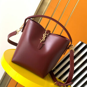 Y.S.L LE 37 Small In Burgundy Shiny Leather Bucket Bag