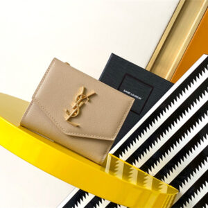 Y.S.L UPTOWN Compact wallet in grain de poudre leather Dk Beige