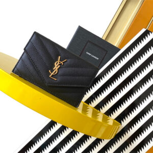Y.S.L CASSANDRE MATELASS?? FRAGMENTS FLAP CARD CASE IN GRAIN DE POUDRE LEATHER Gold Tone Metal Black