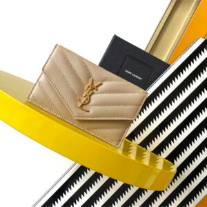 Y.S.L CASSANDRE MATELASS?? FRAGMENTS FLAP CARD CASE IN GRAIN DE POUDRE LEATHER Gold Tone Metal Beige