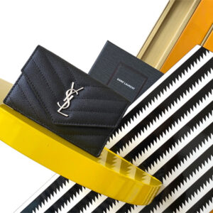 Y.S.L CASSANDRE MATELASS?? FRAGMENTS FLAP CARD CASE IN GRAIN DE POUDRE LEATHER Silver Tone Metal Black