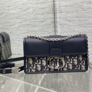 CD 30 Montaigne East-West Bag With Chain Blue Oblique Jacquard & Leather