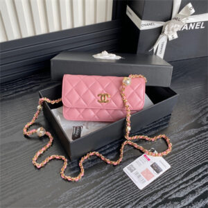 Chanel Flap Phone Holder with Chain Shiny Lambskin, Imitation Pearls & Gold-Tone Metal Pink AP4284