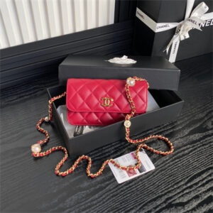 Chanel Flap Phone Holder with Chain Shiny Lambskin, Imitation Pearls & Gold-Tone Metal Red AP4284