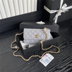Chanel Flap Phone Holder with Chain Shiny Lambskin, Imitation Pearls & Gold-Tone Metal Grey AP4284