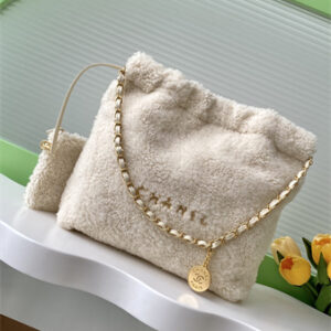 Cha.nel 22 Small Handbag Shearing Wool Gold Tone Metal AS3260