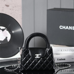 Cha.nel Mini Shopping Bag Kelly Bag Shiny Aged Calfskin Silver-Tone Metal Black AS4416