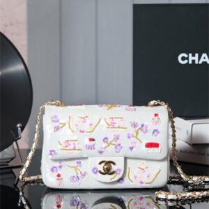 Cha.nel 24A Mini Flap Bag Sequins & Gold-Tone Metal White