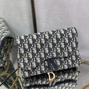 CD Saddle Pouch With Chain Blue Dior Oblique Jacquard