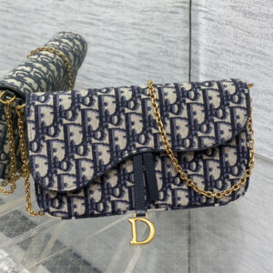 CD Saddle Pouch With Chain Blue Dior Oblique Jacquard