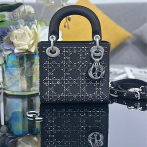CD Mini Lady Dior Bag Satin With Crystal Cannage Silver Tone Metal Black