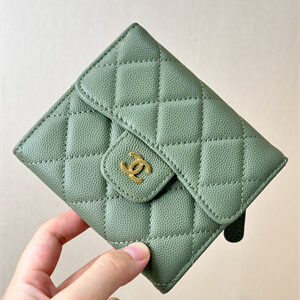 Chanel Small Flap Wallet Tri-Fold Grained Calfskin Gold Tone Metal Green A82288