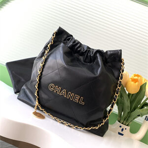 Cha.nel 22 Medium Handbag Grained Calfskin Gold Tone Metal Black AS3261