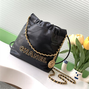 Cha.nel 22 Mini Handbag Grained Calfskin Gold Tone Metal Black AS3980