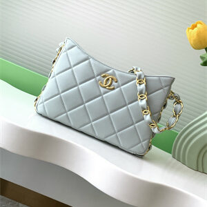 Cha.nel Hobo Handbag Lambskin & Gold-Tone Metal Grey AS5177