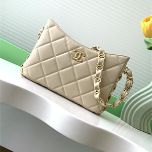 Cha.nel Hobo Handbag Lambskin & Gold-Tone Metal Beige AS5177